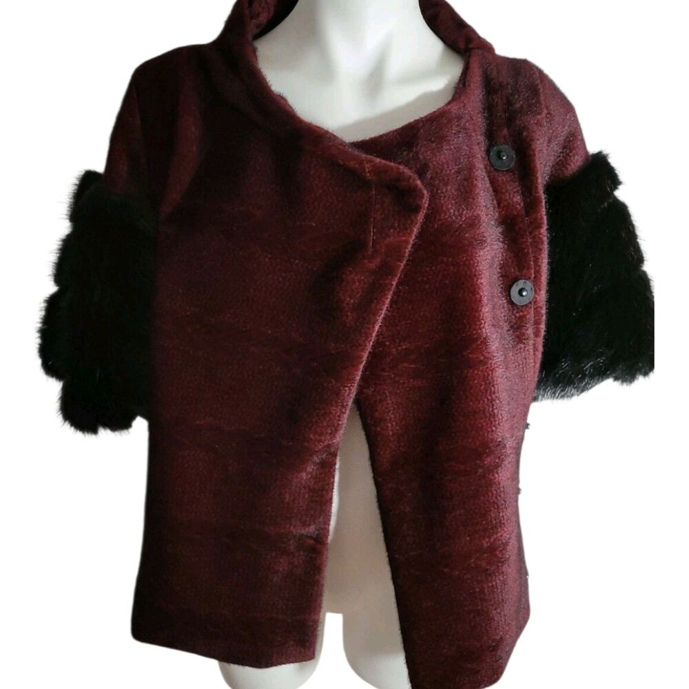 Katharine Kidd Faux Fur Sleeve Cropped Button Top Maroon Black Sz Small
